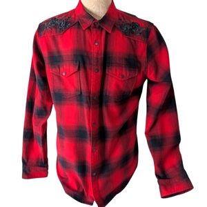 Guess Rose Red and Black Plaid Snap Western Shirt... Size Large